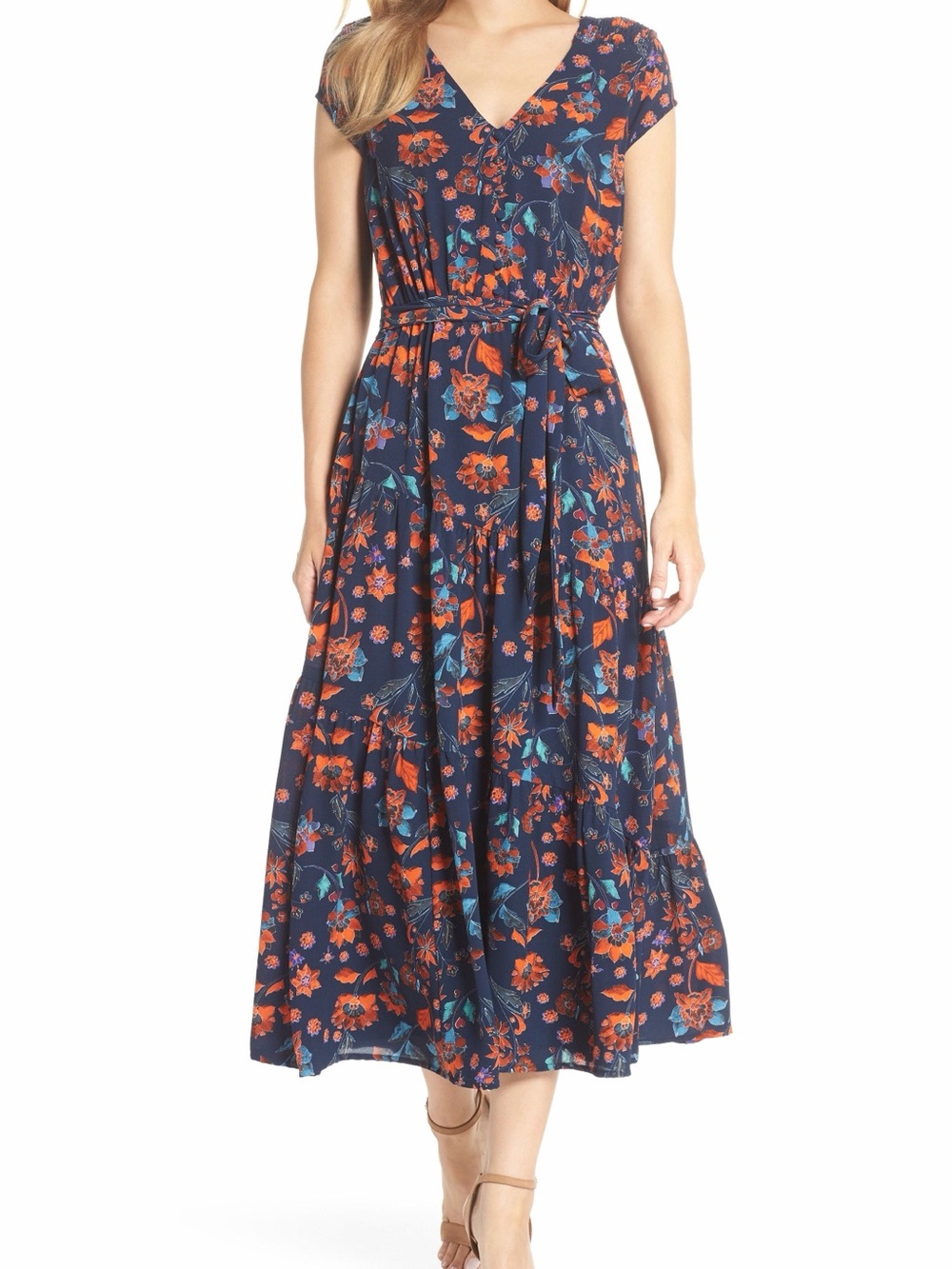Maggie London Smock Shoulder Floral Crepe Midi Dress in Navy with Orange Print